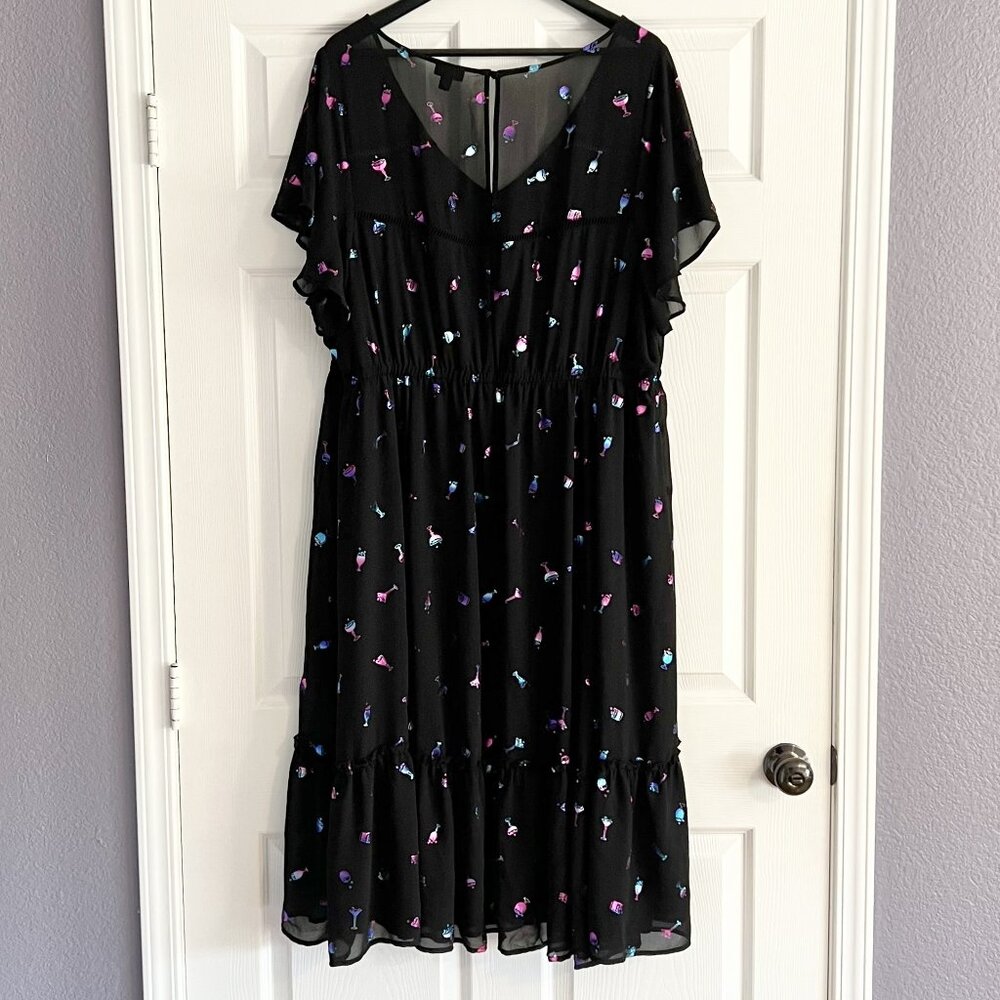 Torrid Midi Chiffon Dress Cocktail Print Metallic Holographic Black Size 4